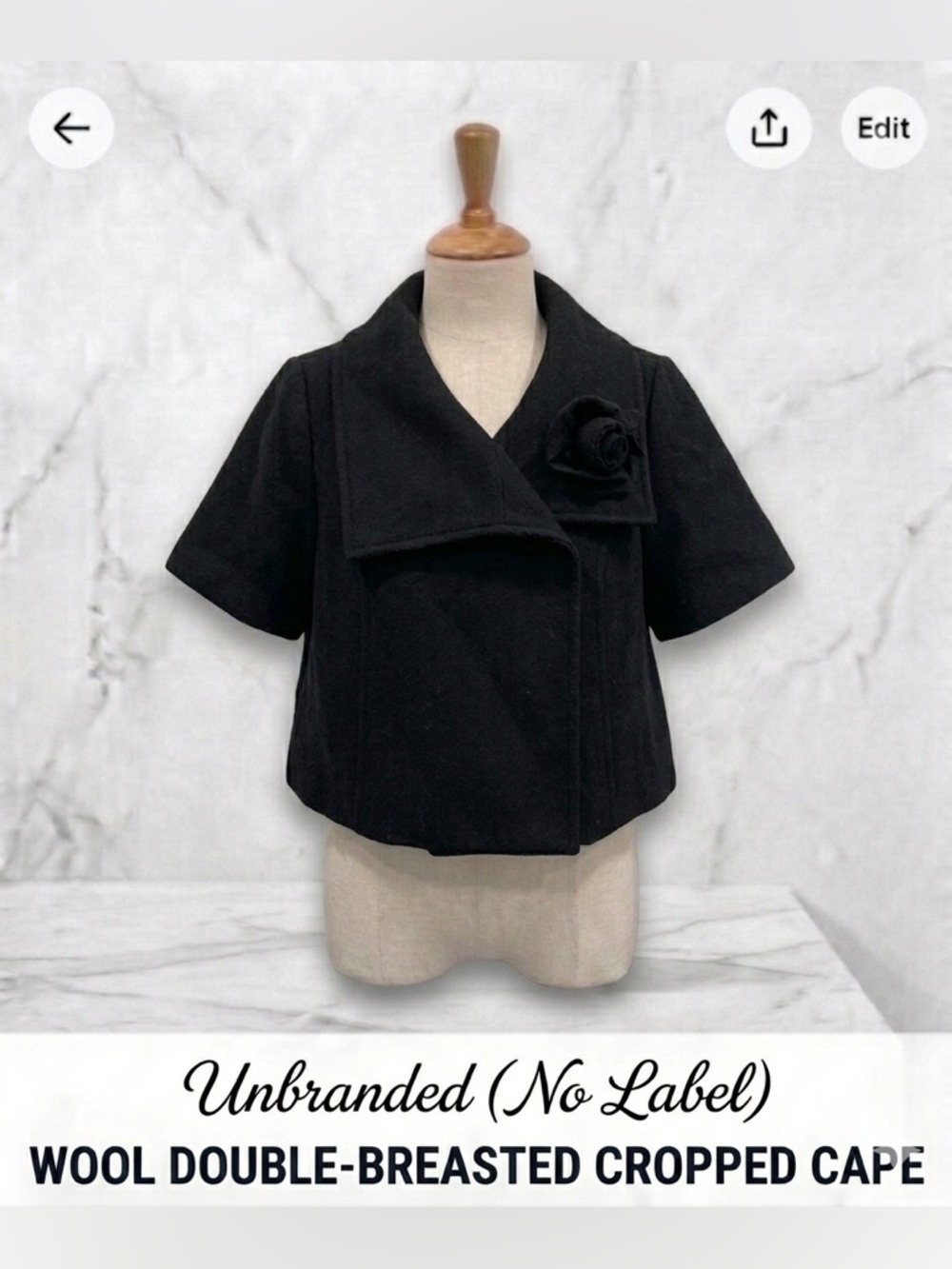 Black Short Cape Jacket with Rosette Accent - Women's Size S (no tag)